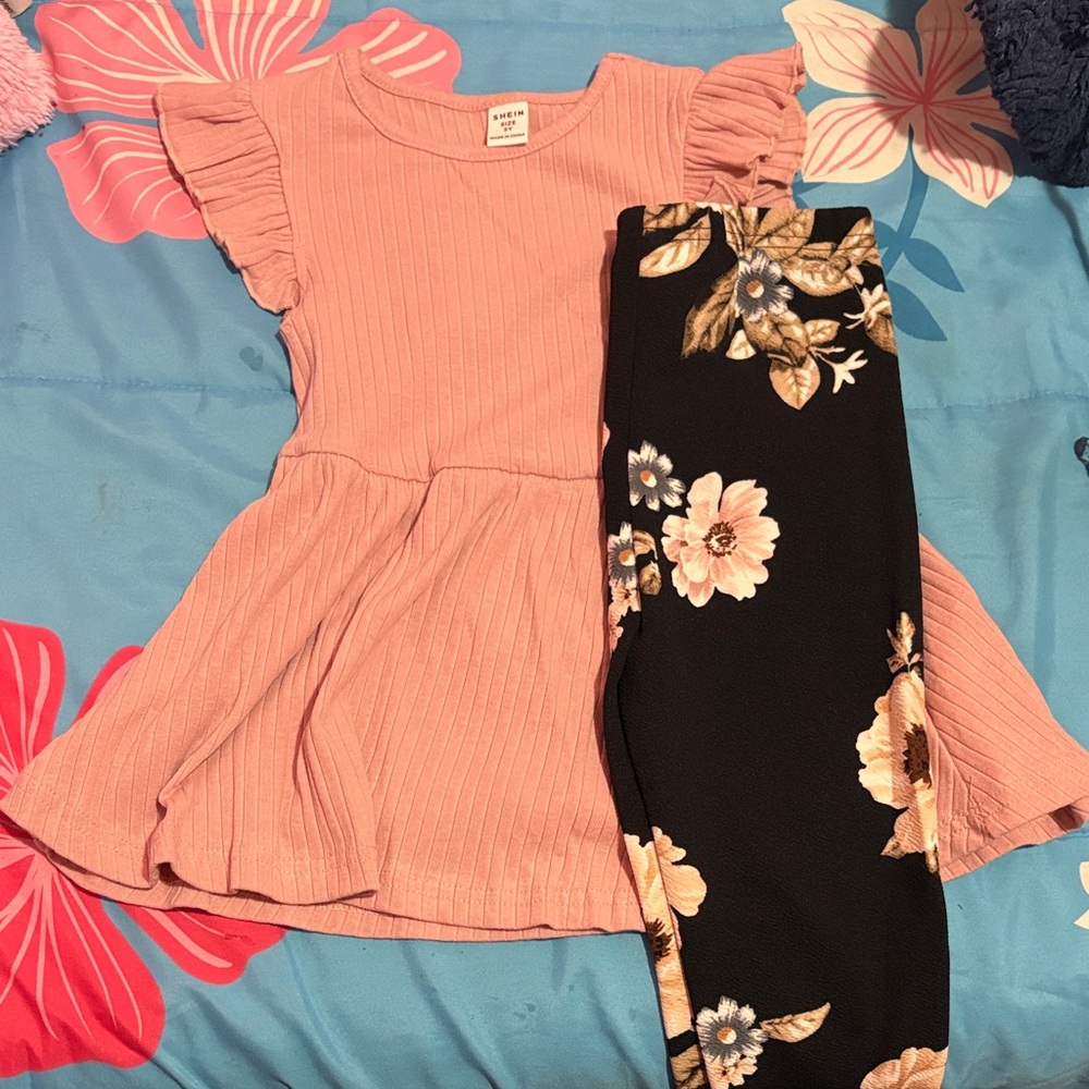 SHEIN Pink Ruffle Dress with Black Floral Leggings